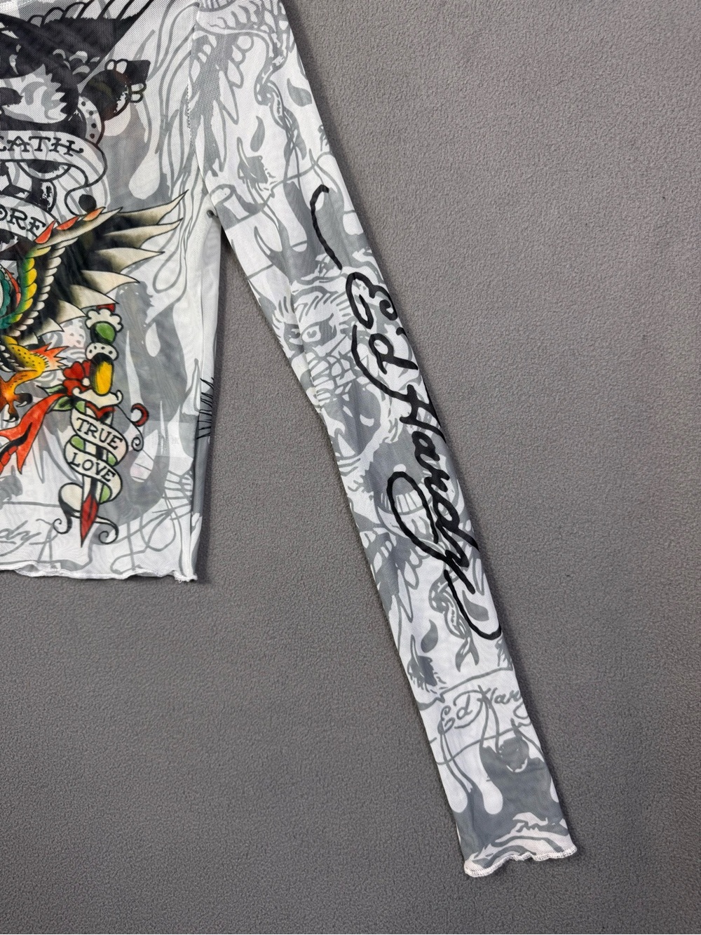 Ed Hardy Y2K Style Tattoo Mesh Long Sleeve Crop Top, Sheer Before Death Design S - Picture 4 of 16